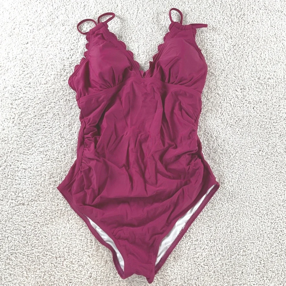 Charmo Womens Maternity One Piece Swimsuit Plum Scalloped Ruched‎ UPF 50+ Size M